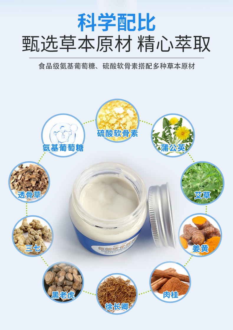 科學(xué)配比，甄選草本原材精心萃取，食品級(jí)氨基葡萄糖、硫酸軟骨素搭配多種草本原材